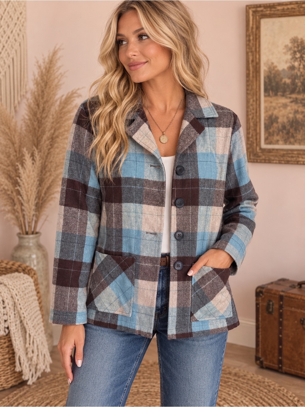 Pendleton Heritage Virgin Wool Plaid Pea Coat in Blue, Brown & Cream